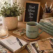 Digital Scrapbooking and Art Journaling Supplies, Vicki Robinson Design desk with with inspiration mug