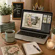Digital Scrapbooking and Art Journaling Supplies, Vicki Robinson Design desk with open laptop and tutorials mug