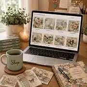 Digital Scrapbooking and Art Journaling Supplies, Vicki Robinson Design Open laptop on a desk