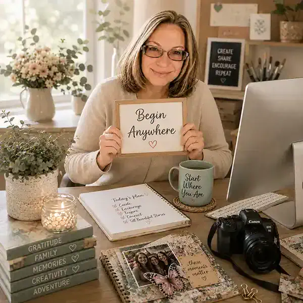 vicki-robinson-begin-anywhere-sign Vicki Robinson holding a Begin Anywhere sign in an office