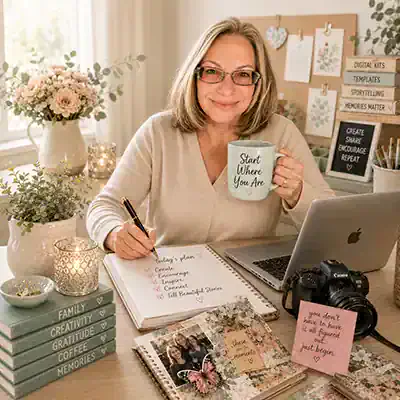 vicki-robinson-start-where-you-are Vicki Robinson writing at a creative desk beside a framed Start Where You Are coffee mug